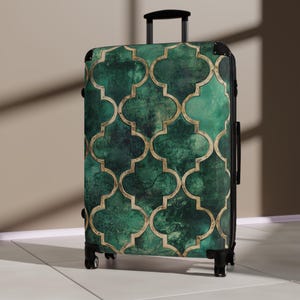 Green and Gold Moroccan Suitcase, Bright and Colorful Designer Luggage for Airport, Rolling Weekender Travel Bag Gift for Flight Attendant