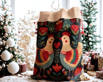 Gift Bag, Scandinavian Chicken Folk Art Christmas Gift Bag, Colorful Holiday Bag, Unique Festive Party Favor Bag, Large Nature Santa Sack