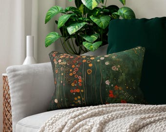 Spun Polyester Lumbar Pillow, 20" x 14" Klimt Inspired Pillow, Botanical Green Boho Pillow with Filling, Decorative Nature Pillow, #143