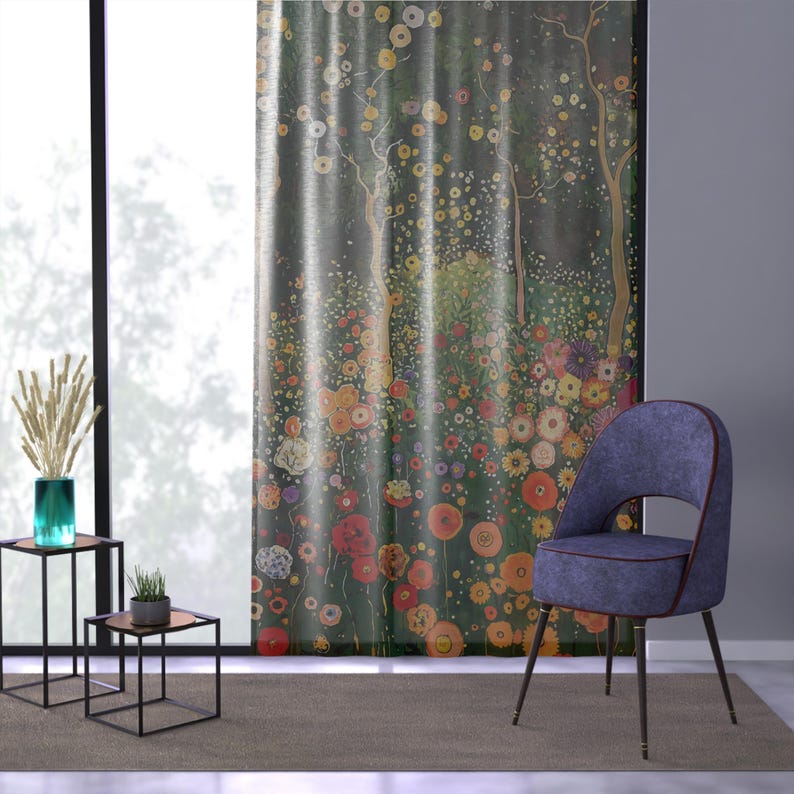 Sheer Window Curtain (1 Panel), 4" Rod Pocket, 1 Sided Print, 50" x 84", Gustav Klimt Inspired, Woodland Floral Botanical Living Room Drapes image 4