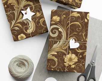 May include: Three wrapped gifts with brown paper featuring a gold floral design. Each package is tied with twine and a white tag. A ball of twine, scissors, and blank tags are also visible.