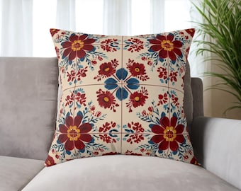Kudde med fyllning (1 kudde), fyrkantig polykanvas shabby chic blommig botanisk unik funky boho kudde, dekorativ naturkudde