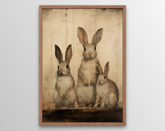 Rabbit Family Wall Art, Digital Print, Elegant Printable Wall Art, Farmhouse Décor, Vintage Rabbit Art, Living Room Décor, Instant Download