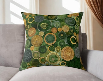 Throw Pillow, Gustav Klimt Inspired Square Poly Canvas Forest Green Botanical Floral Funky Boho Pillow w/Filling, Decorative Nature Pillow