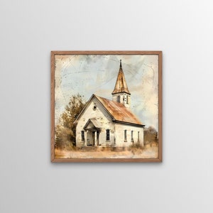 Puede incluir: Una pintura de estilo vintage de una iglesia blanca con un campanario y un techo oxidado. La iglesia está rodeada de árboles y un campo. La pintura tiene un aspecto descolorido y desgastado.