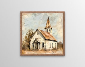 Old Church Wall Art, Digital Print, Elegant Printable Wall Art, Farmhouse Décor, Vintage Painting, Barn Wood Style, Instant Digital Download