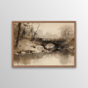 Country Bridge Wall Art, Digital Print, Elegant Printable Wall Art, Farmhouse Décor, Vintage Landscape Painting, Instant Digital Download