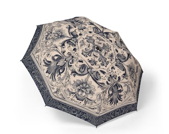 Vintage Floral Toile Semi-Automatic Foldable Umbrella, Colorful Large Rain or Beach Umbrella, Baby Shade, Gift for Grandma Gardener, 4' DIA