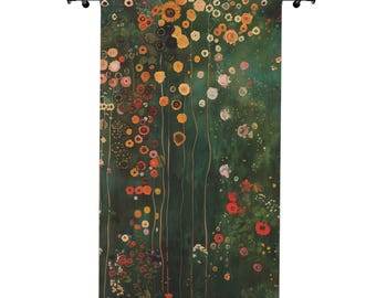 May include: A tapestry featuring a colorful floral design with red, orange, yellow, and white flowers on a dark green background.