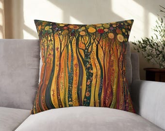 Cojín decorativo, cojín cuadrado de lona policarbonato inspirado en Gustav Klimt, con estampado floral de bosque dorado y estilo bohemio, relleno incluido. Cojín decorativo inspirado en la naturaleza.
