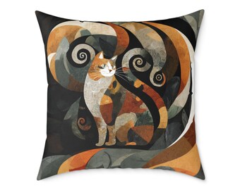 Könnte beinhalten: Ein quadratisches Zierkissen mit einer stilisierten Katzenillustration in Orange-, Braun-, Weiß- und Schwarztönen. Das Design enthält wirbelnde, abstrakte Muster und geometrische Formen, die die Katze umgeben und einen geschichteten Effekt erzeugen.