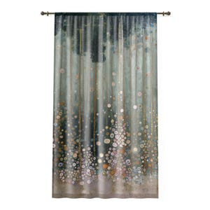 May include: A decorative curtain with a nature-inspired design. The curtain features a teal and gray background with vertical gold lines and a pattern of colorful circles. The bottom edge has a textured, light brown border.