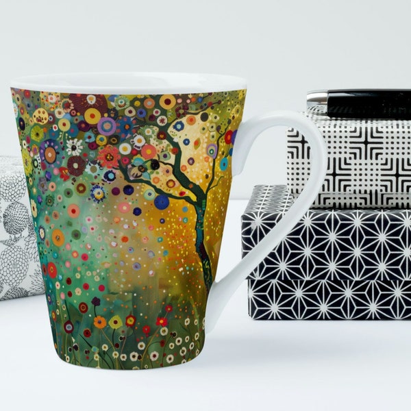 Mug à café au lait Garden Art, 12 OZ, oeuvre d'art dans le style de Gustav Klimt, cadeau pour les amateurs de plantes, cadeau pour les amateurs de jardin, cadeau pour maman, tasse à thé florale