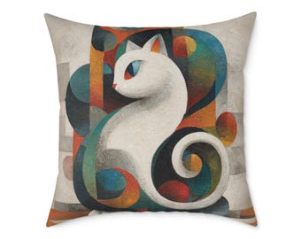 May include: A square throw pillow featuring a stylized white cat with a curled tail. The cat is set against a background of overlapping geometric shapes in shades of blue, orange, red, and grey, with a textured appearance throughout the design.