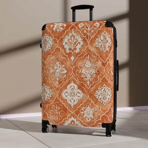 Orange Moroccan Suitcase, Bright and Colorful Designer Luggage for Airport, Rolling Weekender Travel Bag Gift for Flight Attendant