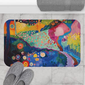 Tapis de bain, tapis de salle de bain mignon unique inspiré de Gustav Klimt, tapis de bain de douche vert coloré, jolis accessoires de salle de bain