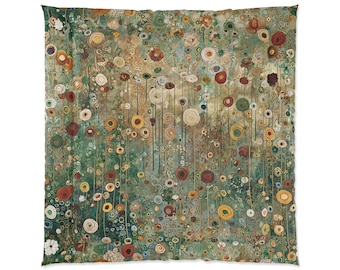May include: A comforter featuring an abstract floral design. The artwork showcases a variety of colorful, circular flower shapes in shades of red, yellow, white, and brown against a green and beige background. The comforter has a soft, textured appearance.