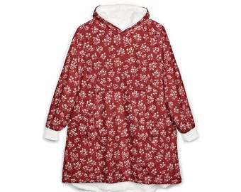 Unisex Hooded Blanket, Oversized Wearable Hoodie Blanket, One Size Fits All, Outdoor Softball Snuggly Hoodie Cloak, Red Botanical Floral