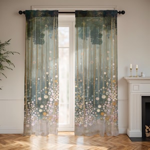 May include: Sheer window curtains with a nature-inspired design. The curtains feature a watercolor-style illustration of a forest with vertical gold lines and a mix of white, pink, and yellow circular shapes. The top of the curtains has a dark green and blue border.