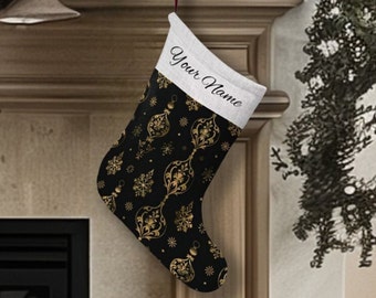 Chaussette de Noël personnalisée avec votre nom, décorations dorées sur fond noir, polaire 11 x 17 po, décorations confortables pour Noël
