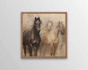 May include: A framed painting depicting three horses in a misty setting. The horses are arranged in a line, with the black horse in the foreground and the two lighter horses behind it. The painting is executed in a realistic style with soft brushstrokes.