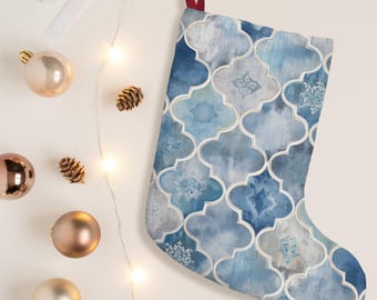 Christmas Stocking, Blue & White Moroccan Holiday Decor, Ornament Stocking, 11" x 17" Fleece, Cozy Decorations for Christmas, Christmas Gift
