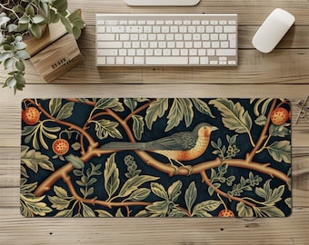 Botanical Bird Desk Mat, X-Large Cottagecore Mousepad, Cute Floral Desk Mat, Cubicle Décor, Stylish Desk & Office Accessories, Forestcore