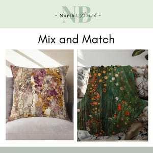 May include: Two decorative throw pillows and a blanket are displayed. The pillow on the left has a beige, brown, and purple abstract design. The blanket on the right has a green background with orange and white floral accents. The text "Mix and Match" is in the center.