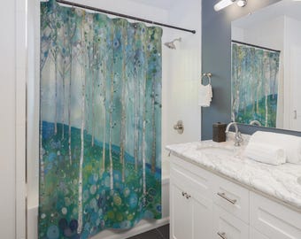 Gustav Klimt Inspired Woodland Green Shower Curtain, Long Floral Botanical Boho Bathroom Décor, Funky, Colorful and Unique Shower Décor