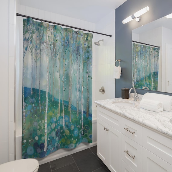 Gustav Klimt Inspired Woodland Green Shower Curtain, Long Floral Botanical Boho Bathroom Décor, Funky, Colorful and Unique Shower Décor