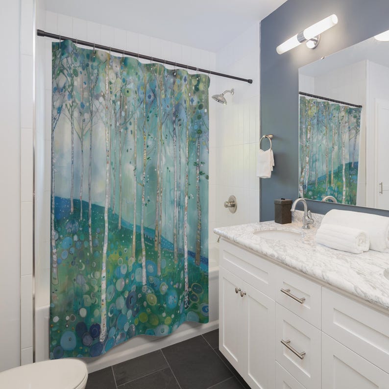Gustav Klimt Inspired Woodland Green Shower Curtain, Long Floral Botanical Boho Bathroom Décor, Funky, Colorful and Unique Shower Décor image 1