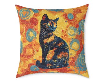 Könnte beinhalten: Ein quadratisches Dekokissen mit einem im Profil sitzenden Schildpatt-Katzenmotiv. Die Katze hat schwarzes und orangefarbenes Fell sowie gelbe Augen. Der Hintergrund zeigt ein wirbelndes, strukturiertes Muster in leuchtendem Orange, Gelb und Blau.
