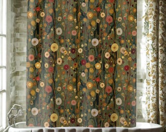 Gustav Klimt inspirierter Waldduschvorhang, langes florales botanisches Boho-Badezimmerdekor, funky, bunt und einzigartig Duschdekor