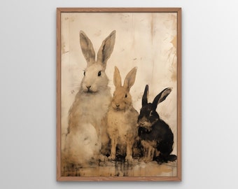 Happy Family Wall Art, Digital Print, Elegant Printable Wall Art, Farmhouse Décor, Vintage Rabbit Art, Instant Digital Download, Home Décor