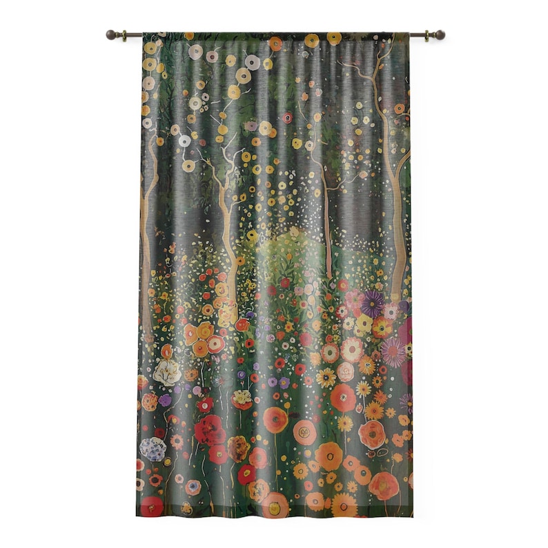 Sheer Window Curtain (1 Panel), 4" Rod Pocket, 1 Sided Print, 50" x 84", Gustav Klimt Inspired, Woodland Floral Botanical Living Room Drapes image 1
