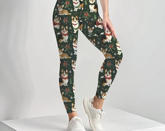 Corgis Leggings, Yoga Leggings mit hoher Taille (AOP), Weihnachtsstrumpfhose, Weißer Elefant Geschenk, Corgis Mutter Geschenk