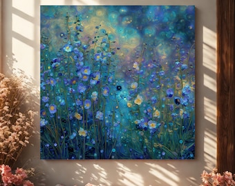Bluebonnet Matte Canvas, Stretched 0.75" (Multi-Size), Gustav Klimt Inspired Art Print on Canvas, Modern Southern Floral Wall Art