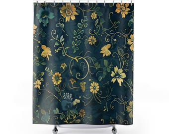 Gustav Klimt Inspired Woodland Green Shower Curtain, Long Floral Botanical Boho Bathroom Décor, Funky, Colorful and Unique Shower Décor