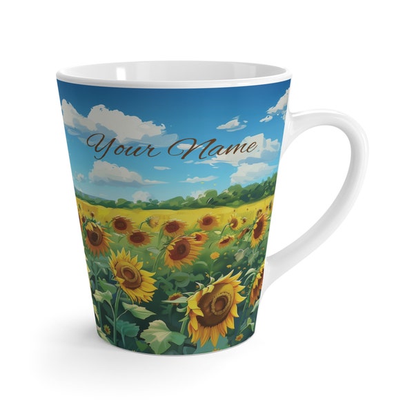 Personalized Sunflower Latte Mug with Your Name, 12 OZ, Artistic Sunflower Coffee Cup, Gift for Garden Lovers, Mom Gift, Custom Tea Mug