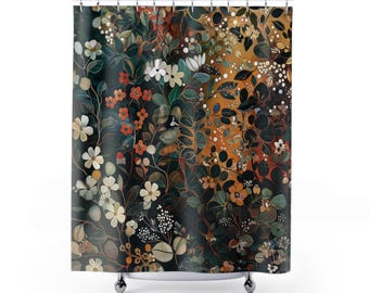 Gustav Klimt Inspired Woodland Green Shower Curtain, Long Floral Botanical Boho Bathroom Décor, Funky, Colorful and Unique Shower Décor