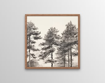 Pine Trees Wall Art, Digital Print, Elegant Printable Wall Art, Farmhouse Décor, Vintage Black and White Sketch Art
