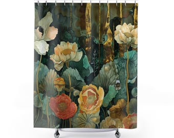 Gustav Klimt Inspired Woodland Green Shower Curtain, Long Floral Botanical Boho Bathroom Décor, Funky, Colorful and Unique Shower Décor