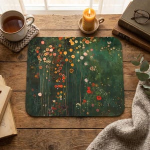 May include: A rectangular mousepad featuring a floral design with a dark green background. The artwork showcases colorful flowers in shades of red, orange, and yellow. The mousepad is placed on a wooden surface, alongside a cup of tea, a candle, and books.