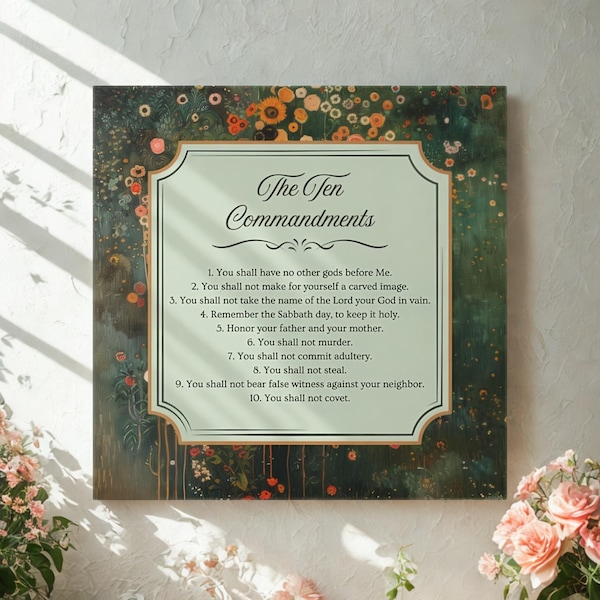 The Ten Commandments Matte Canvas, Stretched 0.75" (Multi-Size), Gustav Klimt Inspired Art Print, Bible Verse Christian Jewish Wall Art