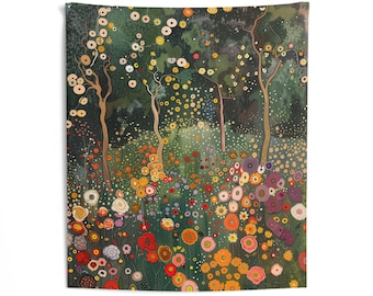 May include: A rectangular wall tapestry featuring a dense forest scene with tall, slender trees and a vibrant meadow filled with numerous circular, stylized flowers in shades of orange, red, yellow, pink, and purple against a dark green background.