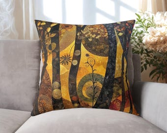 Throw Pillow, Gustav Klimt Inspired Square Poly Canvas Forest Botanical Yellow Floral Funky Boho Pillow w/ Filling, Decorative Nature Pillow