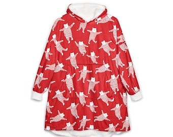 Unisex Hooded Blanket, Oversized Wearable Hoodie Blanket, One Size Fits All, Outdoor Softball Snuggly Hoodie Cloak, Dancing Christmas Cats