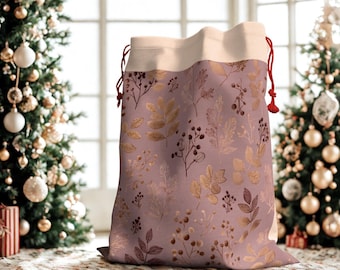 Gift Bag, Christmas Gift Bag, Luxury Mauve and Gold Woodland Forest Holiday Bag, Unique Festive Party Favor Bag, Large Nature Santa Sack