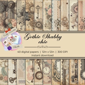 Papier numérique gothic, shabby chic dentelles, clés et horloges - téléchargement Instantané