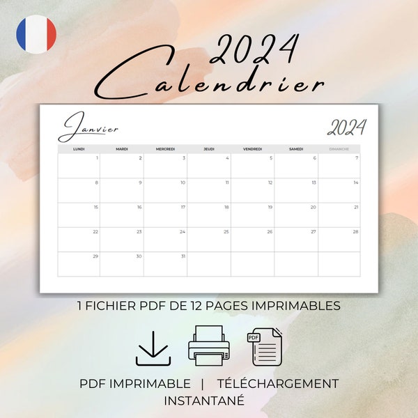 Calendrier 2024 à imprimer, calendrier mensuel en français, Format A4, PDF de 12 pages à imprimer à la maison